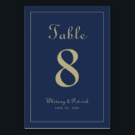 Elegant Gold Blue Wedding Reception Formal Dinner Table Number<br><div class="desc">Wedding Table Number event party sign design features a classic elegance with contemporary chic gold-tone colour on a classic navy blue background. Personalise wedding table design with your name, wedding date and table number in trendy lettering and script. The back of the card is a duplicate of the front. Follow...</div>