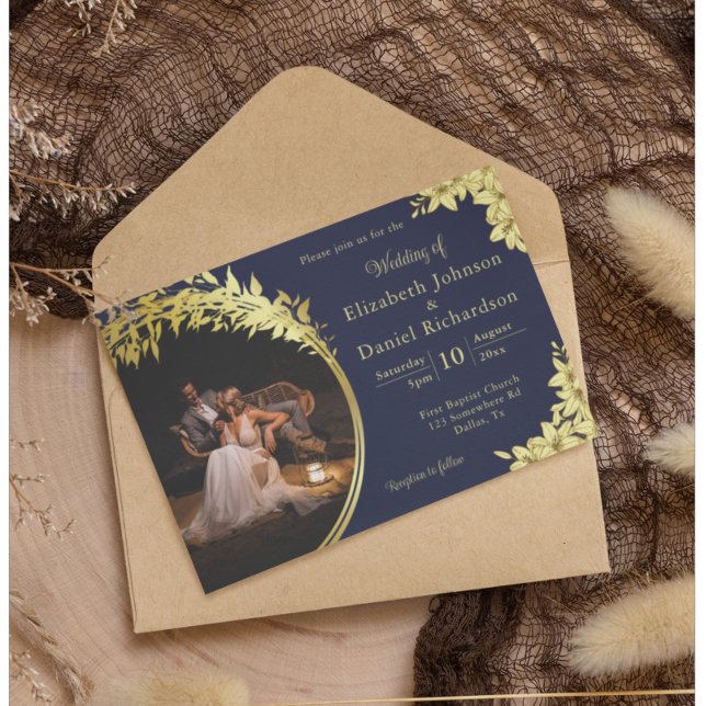 Elegant Gold, Blue With Lilies Photo Wedding Invitation (Creator Uploaded)