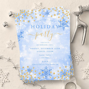 Elegant Gold Blue Xmas Winter Company Holiday  Invitation