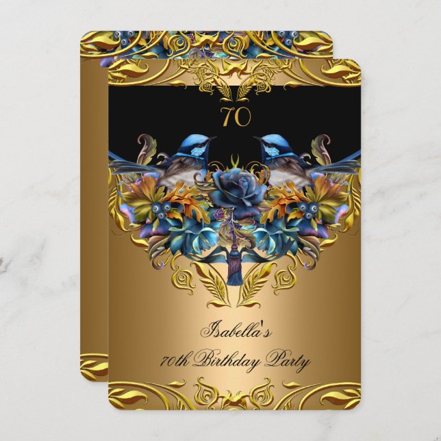 Elegant Gold Bluebird Bird Black 70th Birthday Invitation (Front/Back)
