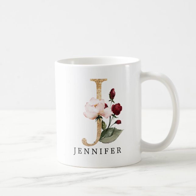 Elegant Gold Blush and Burgundy Flower Letter J Coffee Mug (Right)