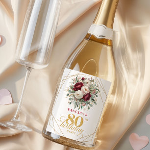 Elegant Gold Blush Burgundy 80th Birthday Champagn Sparkling Wine Label