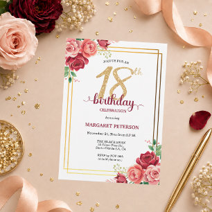 Elegant Gold Blush Floral 18th Birthday Party Invitation