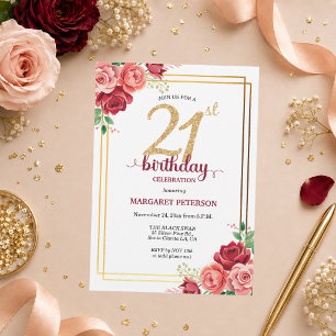 Elegant Gold Blush Floral 21st Birthday Party Invitation