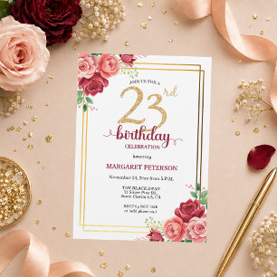Elegant Gold Blush Floral 23rd Birthday Party Invitation