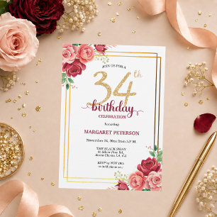 Elegant Gold Blush Floral 34th Birthday Party Invitation