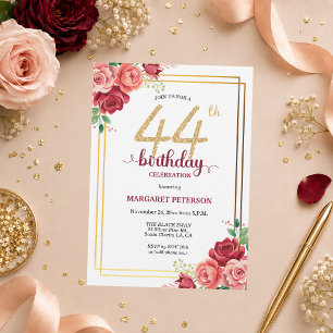 Elegant Gold Blush Floral 44th Birthday Party Invitation