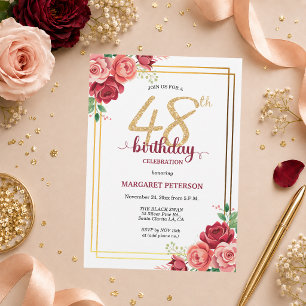 Elegant Gold Blush Floral 48th Birthday Party Invitation