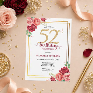 Elegant Gold Blush Floral 52nd Birthday Party Invitation