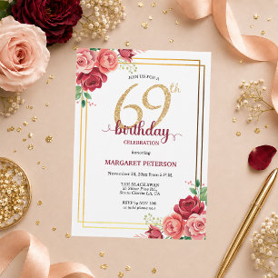 Elegant Gold Blush Floral 69th Birthday Party Invitation