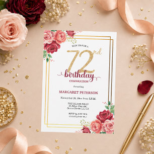 Elegant Gold Blush Floral 72nd Birthday Party Invitation