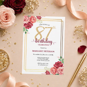 Elegant Gold Blush Floral 87th Birthday Party Invitation