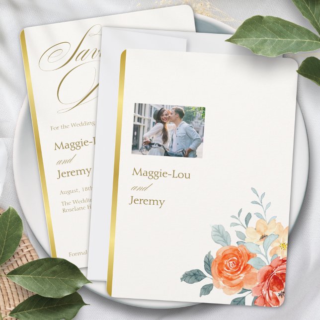 Elegant Gold Blush Floral Script Wedding Photo Save The Date (Creator Uploaded)