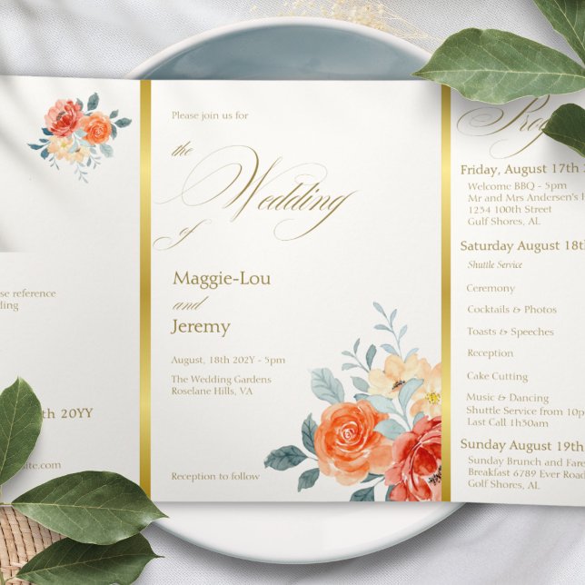 Elegant Gold Blush Floral Script Wedding Tri-Fold Invitation (Creator Uploaded)