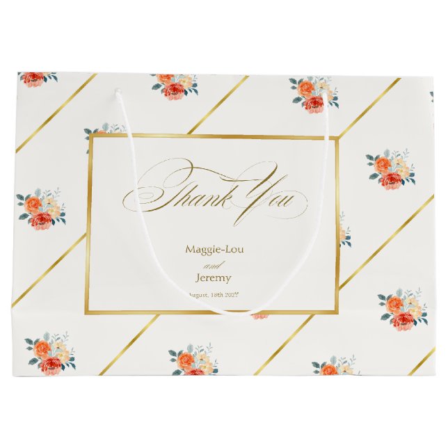 Elegant Gold Blush Floral Wedding Thank You Large Gift Bag (Back)