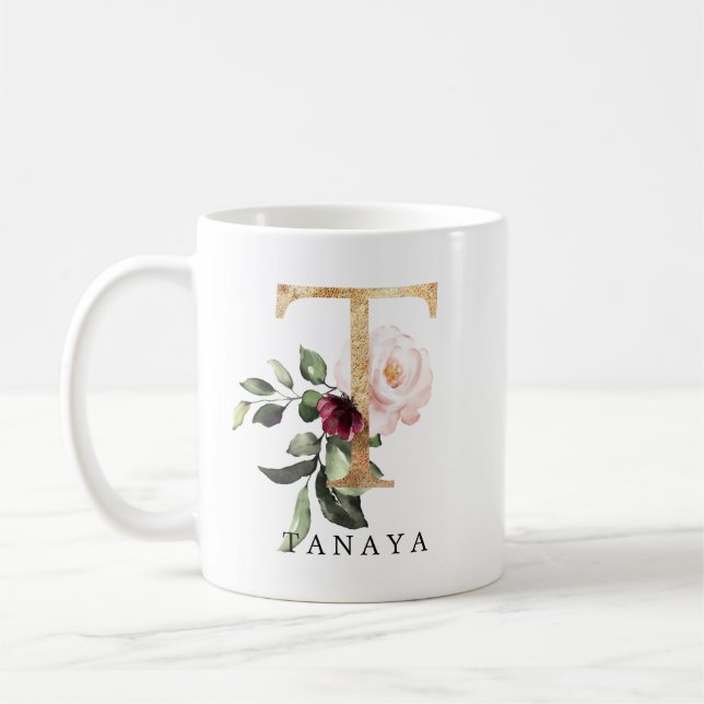 Elegant Gold Blush Pink Burgundy Flower Letter T Coffee Mug (Left)