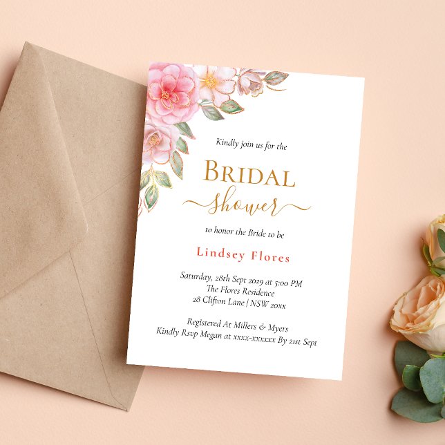 Elegant Gold Blush Pink Floral Bridal Shower Invitation (Creator Uploaded)