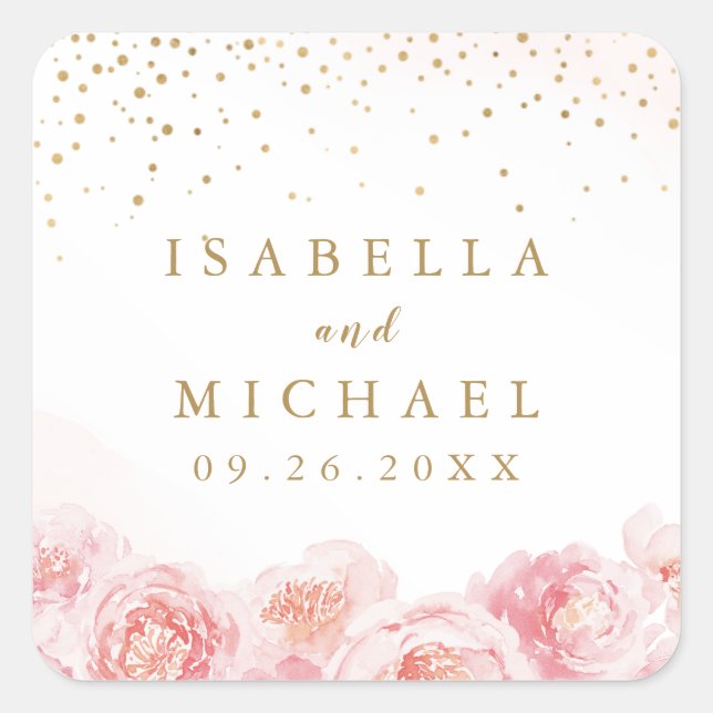 Elegant gold & blush pink floral wedding favour square sticker (Front)