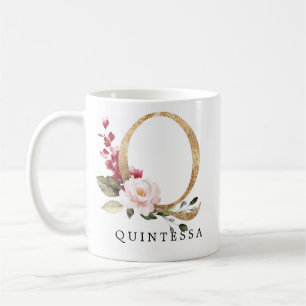 Elegant Gold Blush Pink Flower Letter Q Coffee Mug