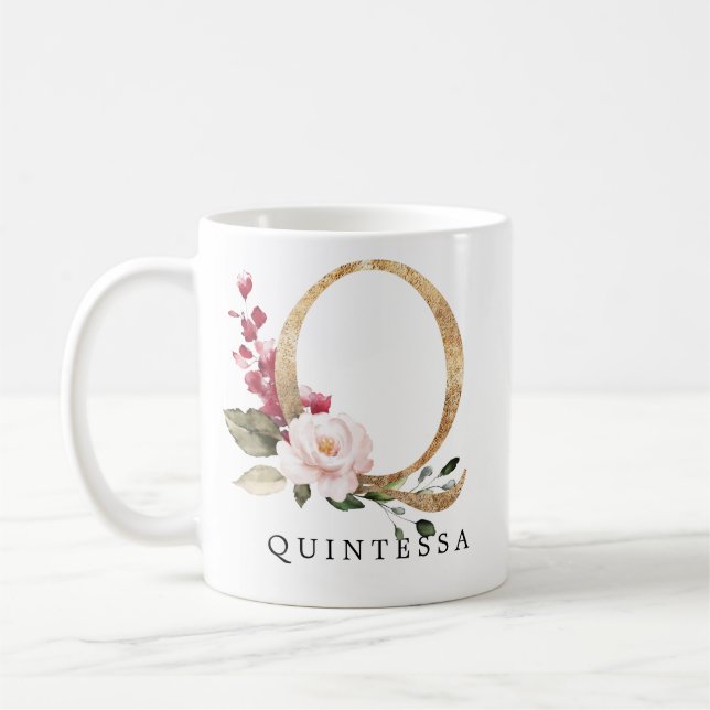 Elegant Gold Blush Pink Flower Letter Q Coffee Mug (Left)