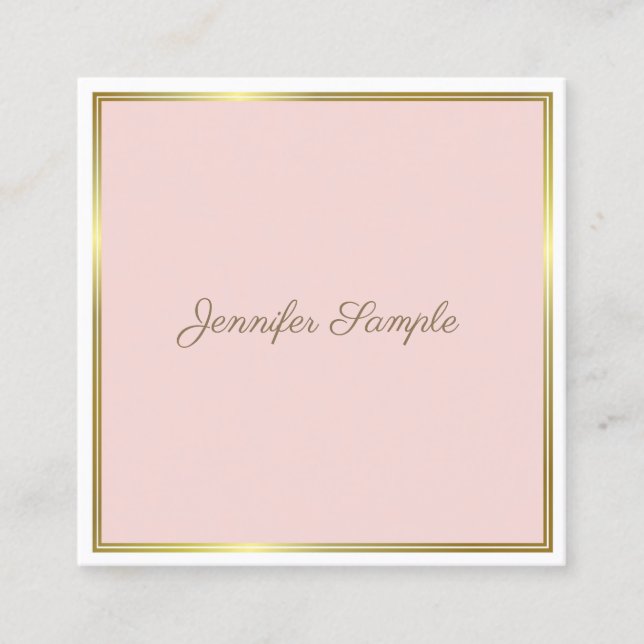 Elegant Gold Blush Pink Hand Font Text Script Luxe Square Business Card (Front)