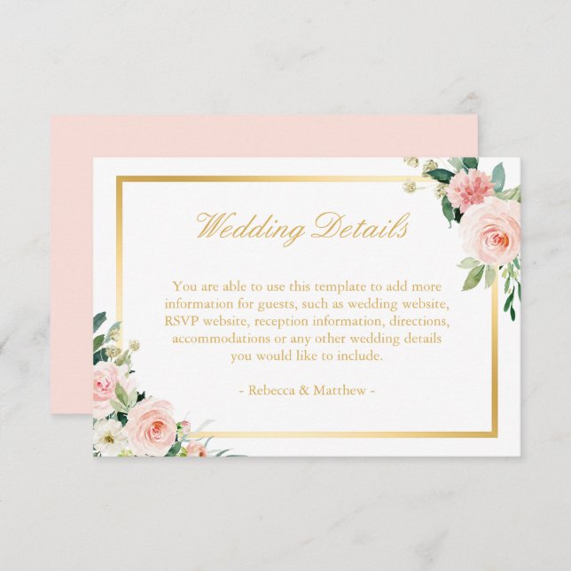 Elegant Gold Blushing Pink Floral Wedding Details Enclosure Card (Front/Back)