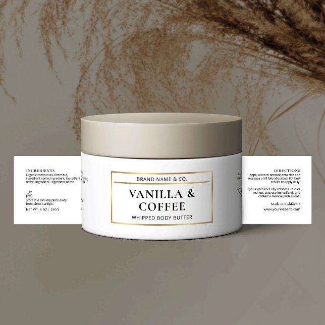 Elegant Gold Body Butter Jar Ingredients Label (Elegant white and gold product jar label with space for ingredients)