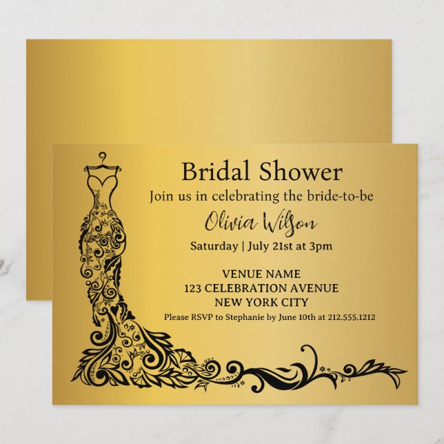  Elegant Gold Boho Floral Gown Bridal Shower Invitation (Front/Back)