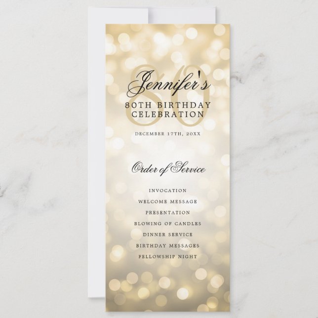 Elegant Gold Bokeh 80th Birthday Program w/ Menu (Front)