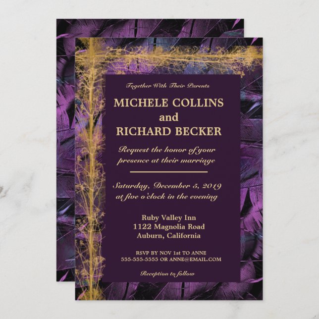 Elegant Gold Border and Feathers Invitation (Front/Back)