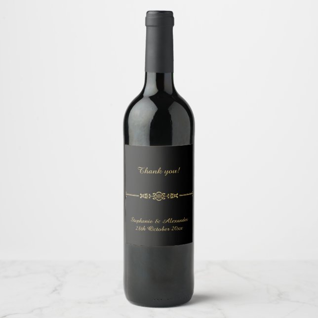 ELEGANT GOLD BORDER BLACK  CUSTOMIZABLE WINE LABEL (Front)