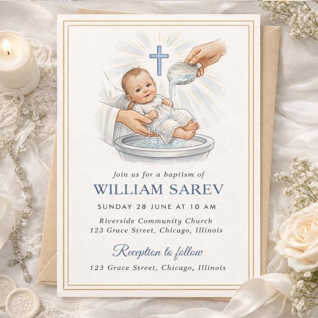 Elegant Gold Border Blue Shell Baby Boy Baptism Invitation (Creator Uploaded)