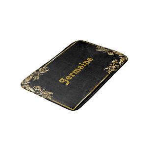 Elegant gold border damask on black bath mat