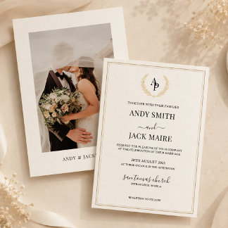 Elegant Gold Border Monogram Photo Wedding Invitation