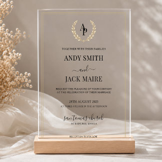 Elegant Gold Border Monogram Wedding Acrylic Invitations
