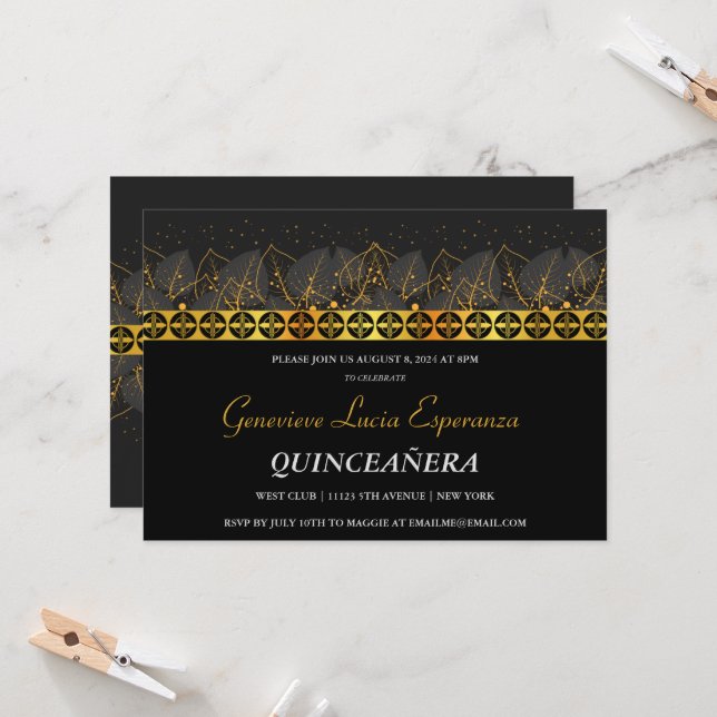 Elegant Gold Border Quinceañera Invitation (Front/Back In Situ)
