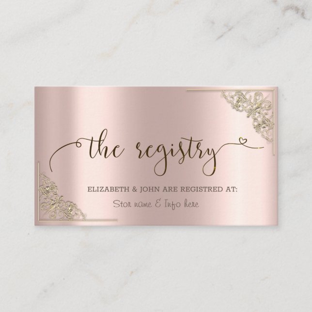 Elegant Gold Border Rose Gold Wedding Registry Enclosure Card (Front)
