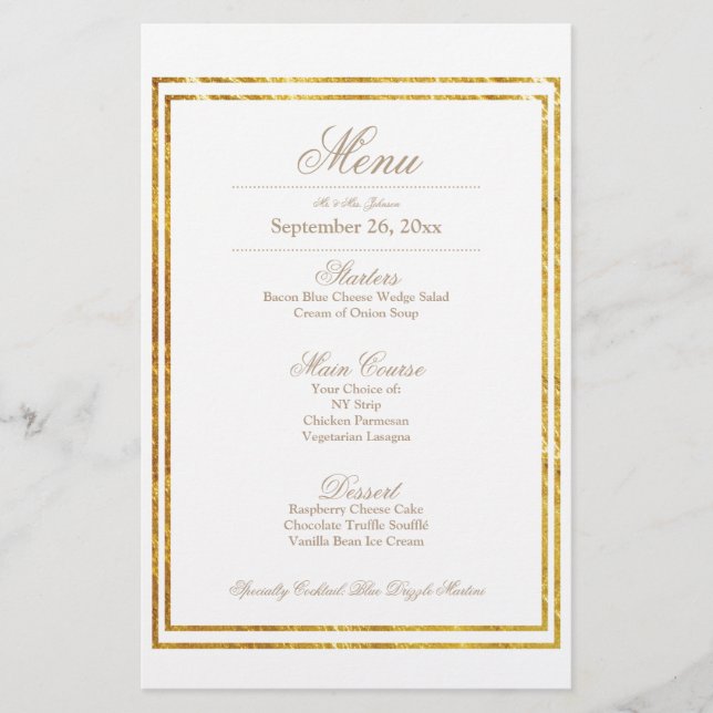 Elegant Gold Border Wedding Dinner Menu (Front)