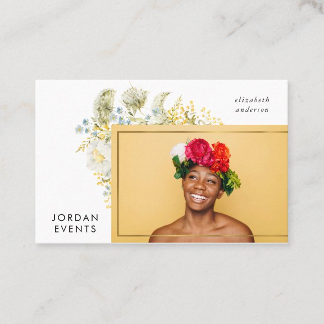 Elegant Gold Border Wildflower Photo Event Stylist Business Card (Front)
