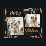 Elegant Gold Botanical 2 Photo Collage Christmas Postcard<br><div class="desc">Elegant, Modern Gold and Black Botanical Leaves 2 Photo Collage Merry Christmas Holiday Postcard. This festive, mimimalist, whimsical four (2) photo holiday postcard template features a pretty photo collage, faux gold foil botanical leaves, winterberries and says Merry Christmas! The „Merry Christmas” greeting text is written in a beautiful hand lettered...</div>