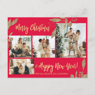 Elegant Gold Botanical 4 Photo Collage Christmas Postcard