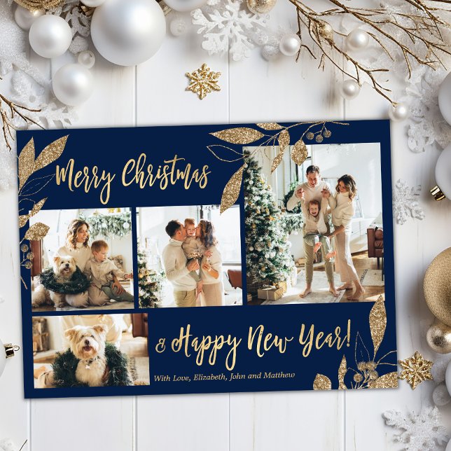 Elegant Gold Botanical 4 Photo Collage Christmas Postcard (Creator Uploaded)