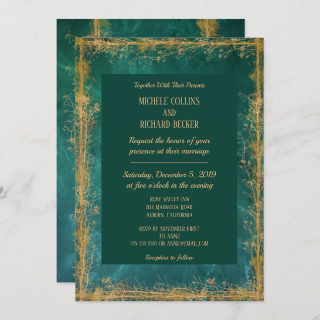 Elegant Gold Botanical Border Wedding Invitation (Front/Back)