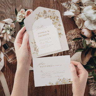 Elegant Gold Botanical Floral Arch Wedding All In One Invitation