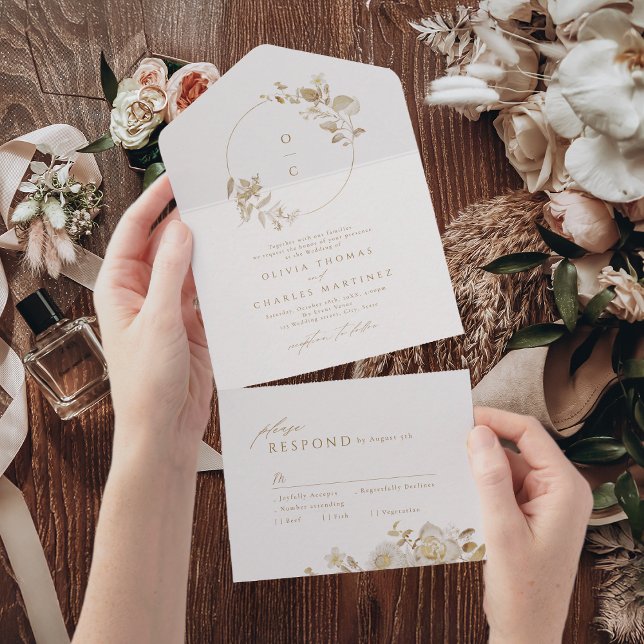Elegant Gold Botanical Floral Wedding Monogram All All In One Invitation (Elegant Gold Botanical Floral Wedding Monogram All All In One Invitation)