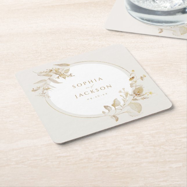 Elegant Gold Botanical Floral Wreath Wedding Square Paper Coaster (Angled)