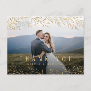 Elegant gold botanical foliage photo thank you postcard