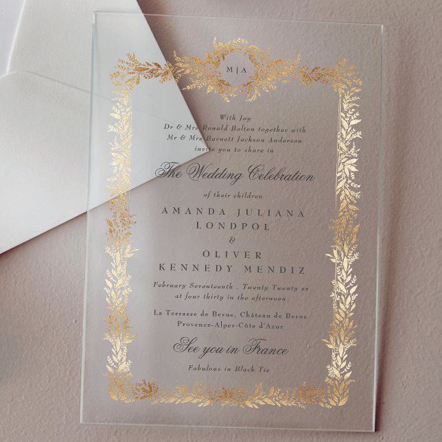 elegant gold botanical frame monogram wedding acrylic invitations (Creator Uploaded)
