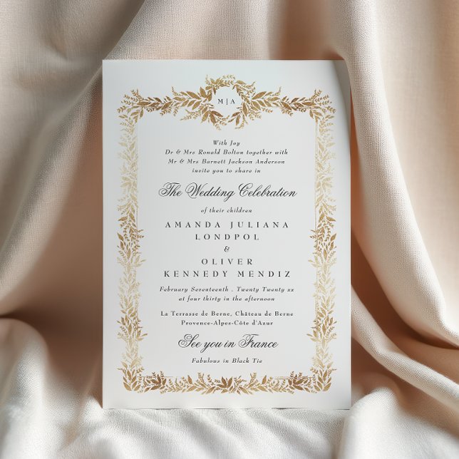 elegant gold botanical frame monogram wedding invitation (Creator Uploaded)
