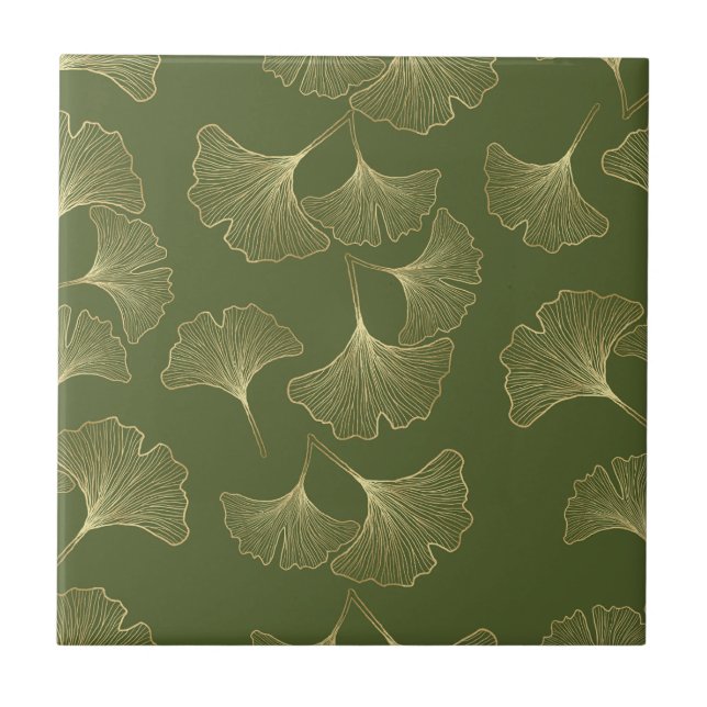 Elegant Gold Botanical Leaves Ceramic Tile (Front)